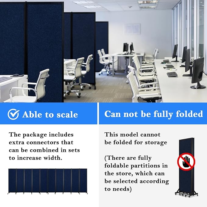 Upgrade Version Room Partition and Divider, Freestanding Rolling Dividers with Wheels,Office Privacy Screen Divider Wall,Classroom Felt Dividers,8'2"L* 6'7"H,4 Panel，Blue
