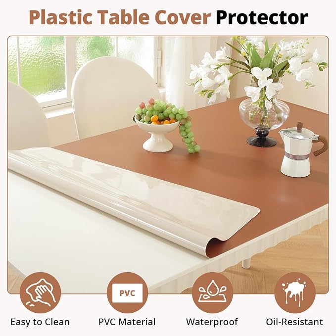 OstepDecor Brown Table Cover Protector 16 x 32 Inch, 1.5mm Thick Plastic Table Cover, Dining Table Protector Pad, Waterproof & Easy Cleaning PVC Desk Mat for Dresser, Coffee & Kitchen Wooden Tabletop