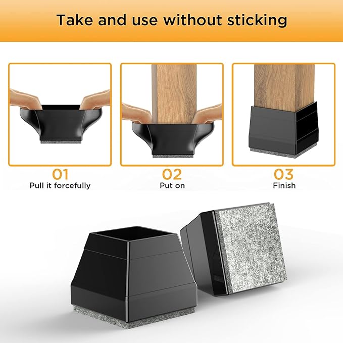 Square Chair Leg Protectors for Hardwood Floors,16 Pcs Silicone Felt Furniture Legs Caps to Prevent Floor from Scratches and Reduce Noise, Easy to Move, (Black, Fit: 0.866-1.14").