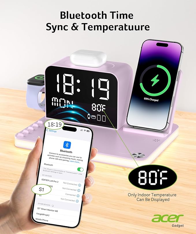 Acer 7-in-1 Wireless Charging Station with LED Clock - 30W Fast Wireless Charger for iPhone 16/15/14/13/12/Pro Max, Apple Watch, AirPods - Bluetooth Auto Time Sync & Night Lights (Purple)
