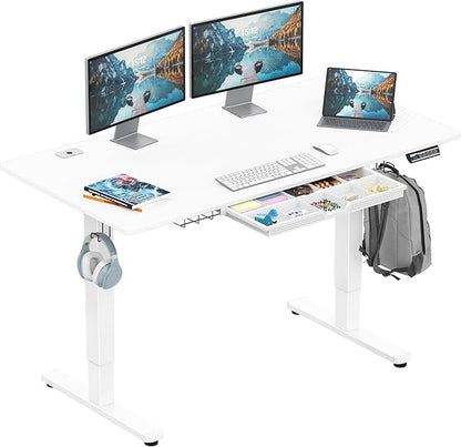 SHW 55 x 28 Inches Electric Height Adjustable Standing Desk with Drawer and Memory Preset, White