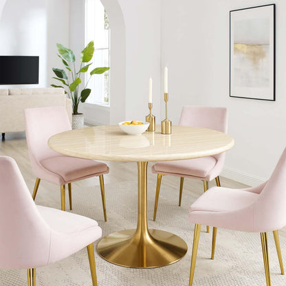 48" Round Artificial Dining Table with Tapered, Metal Base, Gold Travertine