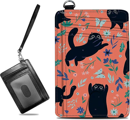 BWEGRHE Small Travel Wallets, Black Cat Flowers Slim Minimalist Front Pocket Wallet with Wristlet, RFID Blocking PU Leather Credit Card Holder with ID Window Change Purse for Men Women