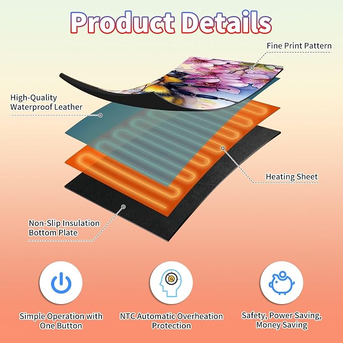 Heated Desk Pad Large Mouse Pad 31.5 x 13 inch with 3 Levels Heating & Auto Shut-Off Warm Mouse pad PU Leather Computer Mousepad for Home Office Work - Cherry Blossom and Bee