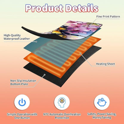 Heated Desk Pad Large Mouse Pad 31.5 x 13 inch with 3 Levels Heating & Auto Shut-Off Warm Mouse pad PU Leather Computer Mousepad for Home Office Work - Cherry Blossom and Bee