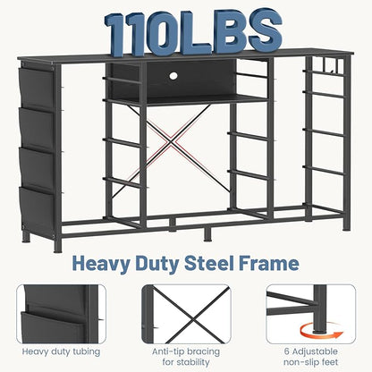 HCHQHS 47 Inch Dresser for Bedroom with 13 Drawers,Side Pockets Hooks and Lights with Remote Control,Hallway,Closet,Kitchen,Large TV Stand (Black)