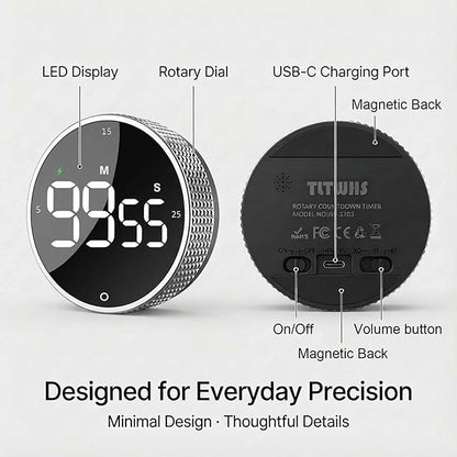 Rechargeable Magnetic Kitchen Timer,LED Countdown/Up Timer, Supports USB-C Charging,with Loud Alarm,3 Preset Quick Times(5/15/25m),Perfect for Kitchen Cooking, Studying, and Fitness (Silver)