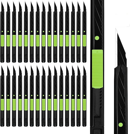 MANUFORE 30pcs Green 9mm Snap-off Knives with Safety Auto-lock, Metal Handle, Black Blade, Lightweight Portable Retractable Cutter for office, school
