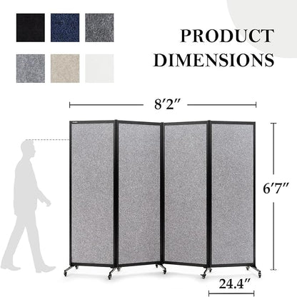 Upgrade Version Room Partition and Divider, Freestanding Rolling Dividers with Wheels,Office Privacy Screen Divider Wall,Classroom Felt Dividers,8'2"L* 6'7"H,4 Panel，Light Grey