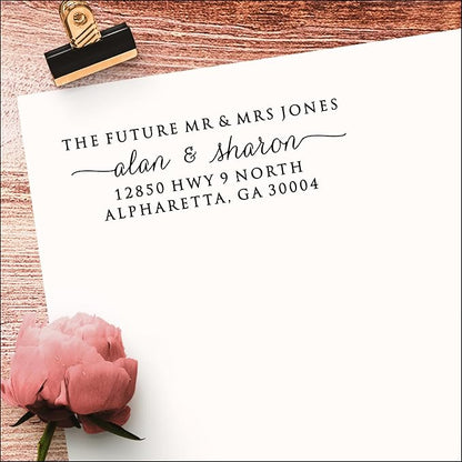 PrettySweetParty Self Inking Return Address Stamp - Custom 4 Line Personalized Address Stamp for Envelopes, Wedding Invitations, Business, Mailing Labels, Black Ink (Calligraphy Script)