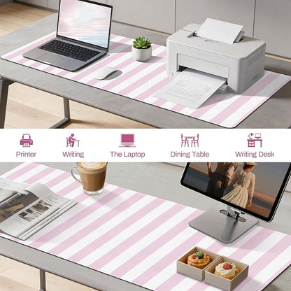 Pink Striped Desk Mat Cute Large Mouse Pad Kawaii Extended PU Leather Mat for Home Office Desk Decor for Women Cozy Gaming Keyboard Pad 35.4 X 15.7inch