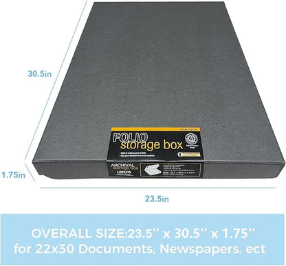 Lineco Folio Storage Box, Clamshell Design with Metal Edge. 23.5x30.5x1.75 in, Archival Boxboard, Preserve Photos, Prints, Cards, Magazines, Documents, Art, Ephemera, Family Records, Gray, Pack of 2