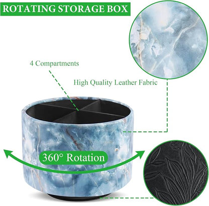Round Leather Art Supply Organizer,Remote Control Holder,360-degree Rotating Pen Organizer with 4 Compartments(1-Marble Jade)