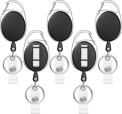 SOVYOULIVE 5 Pack Heavy-Duty Retractable Badge Holders with Carabiner Clip and Key Ring, Black ID Badge Reel for Office, ID Card Holder and Key Chain