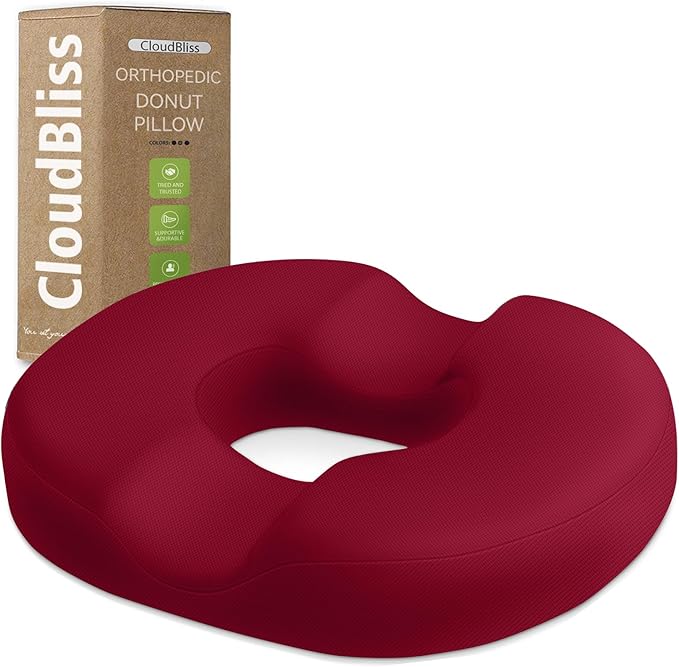 CloudBliss Donut Pillow Seat Cushion Chair Pad for Tailbone Pain Relief and Hemorrhoids, Memory Foam Seat Chair Cushion for Men and Women for Home & Office, (Red)