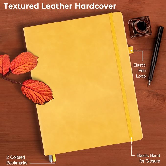 Lined Journal Notebook, 8.5" x 11" Hardcover Leather Notebook for Work, Wide Ruled Notebook Journal for Women Men, 192 Thick Paper, Lay Flat, 2 Pockets, A4 Large Journals for Writing, Yellow Notebook