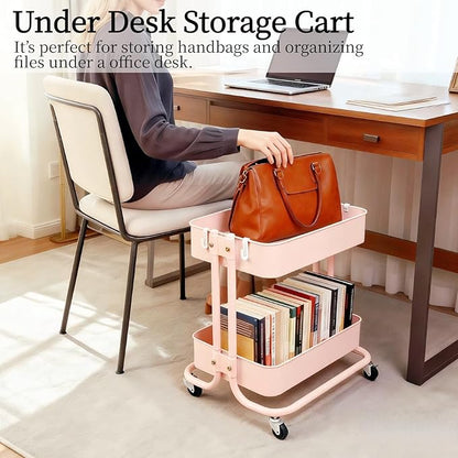 LIWNYRK 2 Tier Rolling Cart with Wheels for Under Desk Storage, Pink Small Rolling Pantry Storage Cart for Small Space, Metal Short Utility Shelf for Vanity Kitchen Bathrrom Laundry Organization