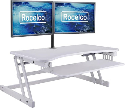 Rocelco 37.5" Height Adjustable Standing Desk Converter with Dual Monitor Mount and Slide Out Retractable Keyboard Tray - Sit Stand Up Double Screen Tabletop Riser Workstation - White (R DADRW-DM2)