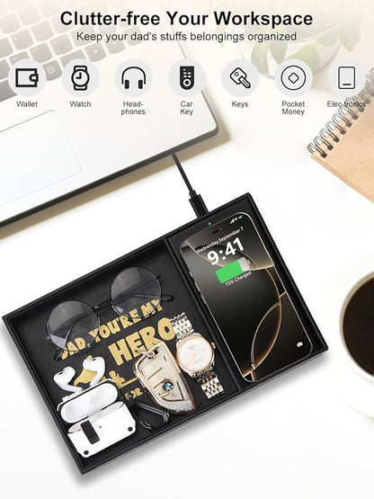 Gifts for Dad Valet Tray, Built-in Wireless Charger, Nightstand Organizer, Dresser Organizer, Mens Jewelry Box, Valet Charging Station, Gifts for Dad from Daughter Son Wife, Black