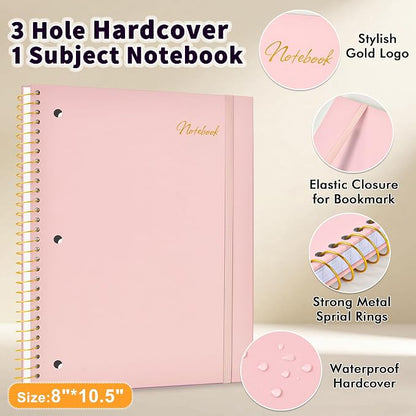 Spiral Notebook College Ruled Paper 8" x 10-1/2", 1 Subject Spiral Notebook 80GSM Paper, 3-Hole Punched Perforated Pages Ideal for School, Office, Writing, 75 Sheets Lined Journaling Notebook, Pink