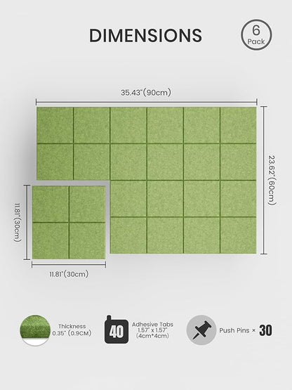 Bumusty Large Cork Board Alternative-36 x24 Felt Bulletin Board Tiles, with 30 Pushpins, 40 Adhesive Tabs, 6-Pack Slat Wall Paneling, Cork Boards for Office Push Pin Board Felt Board-Kelly Green
