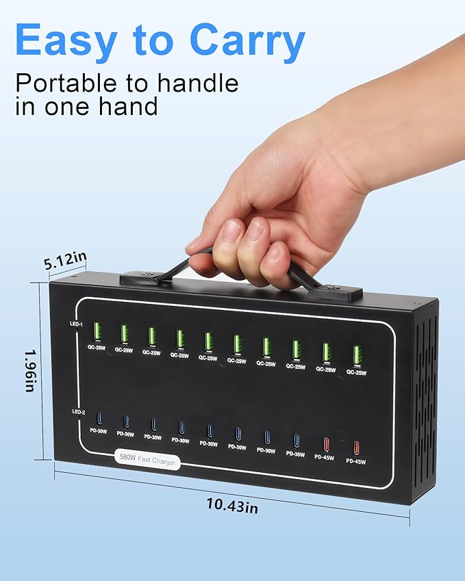 580W USB Charging Station, 20 Port Fast Charging Station for Multiple Devices, Dual PD 45W USB C Charger Block, Smart Power Delivery & Multi Protection for Laptop MacBook iPhone, iPad, Tablet