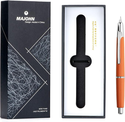 erofa Majohn A2 Press Fountain Pen Extra Fine Nib with Box, Retractable Orange Resin Ink Pen with Converter Writing Pen Set (Silver Clip Version