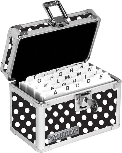 Vaultz Locking Index Card File Box with Flip Top, Holds 350 3x5 Cards, Black & White Polka Dot (VZ03715)