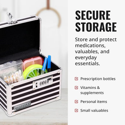 Vaultz Locking Medicine Box with Combination Lock - Secure Metal Lock Box Safe for Medication, Pills & Valuables, Small Lockbox with Code, Portable Storage Case, Striped | Metal lock box, storage case for medication and small valuables, 3-digit combina...