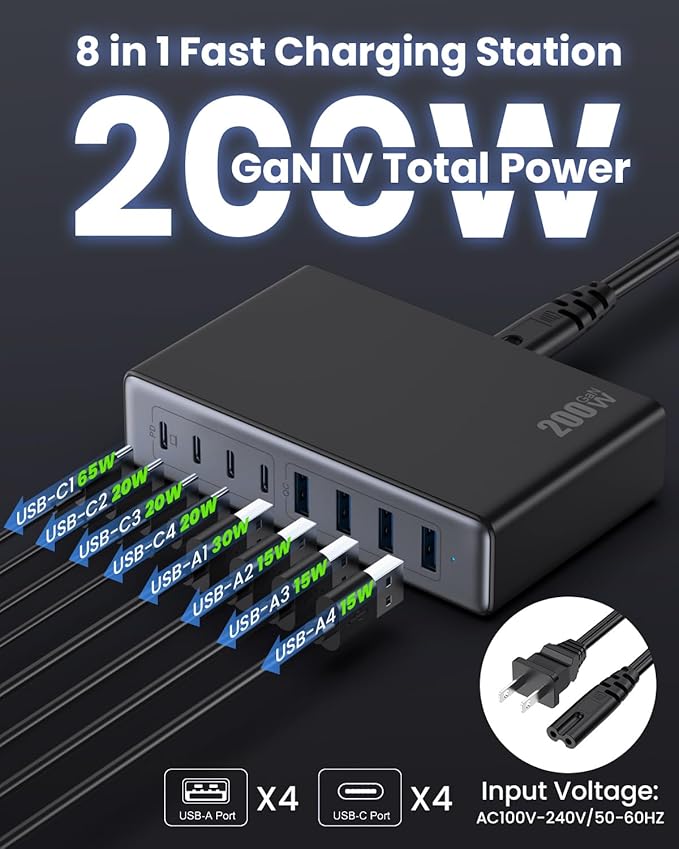 200W USB C Charger Block,GaN IV Charging Station 8 Ports,QC4.0 Fast Charging Station Hub+PD 65W USB C Laptop Charger Adapter Compatible with MacBook Air/Pro,DELL,iPhone 17/16/15,iPad,Steam Deck-Black