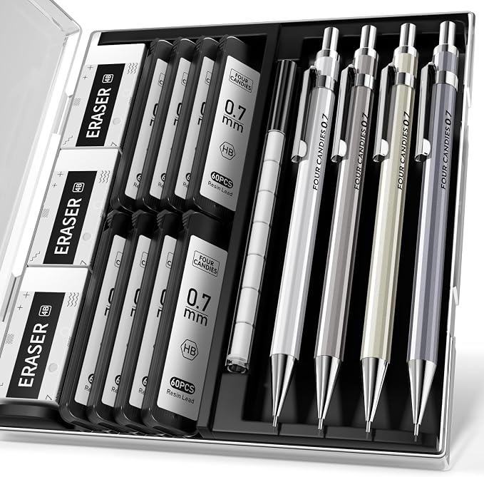 4PCS Metal Mechanical Pencil Set, 0.7mm Medium Point Pack with Storage Case | 480 Leads, 3 Erasers+9 Refills, For School Writing, Sketching, Art Drawing & Professional Drafting