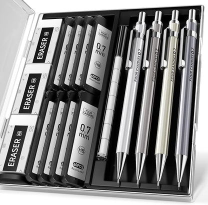 4PCS Metal Mechanical Pencil Set, 0.7mm Medium Point Pack with Storage Case | 480 Leads, 3 Erasers+9 Refills, For School Writing, Sketching, Art Drawing & Professional Drafting