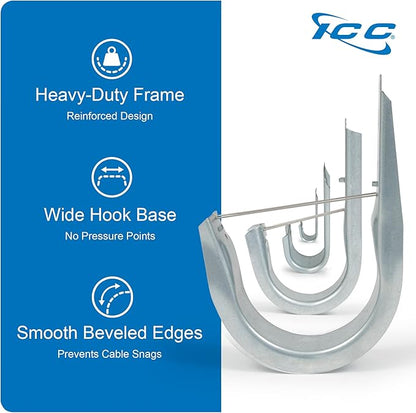 ICC 4-Inch Wall Mount J-Hook – 25-Pack, Cable Support Hooks with Retainer Clips, Galvanized Steel with Zinc Finish – for Structured Cabling and Cable Management