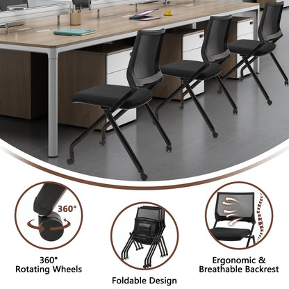 2PACK, Stackable & Foldable Chairs with Wheels, Reception Guest Chairs with Lumbar Support, Ergonomic Mesh Back Folding Chair for Office Schools Training Conference Waiting Room, Black