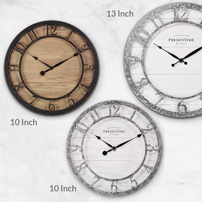 Presentime & Co 13" Farmhouse Series Wall Clock, Quartz Movement, Shiplap Style,Raised 3D Arabic Numeral, Galvanized Finish