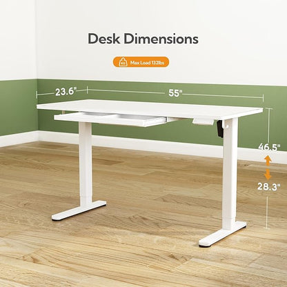 INNOVAR Glass Standing Desk with Drawers, 55 x 24 Inches Electric Height Adjustable Desk, Tempered Glass Top Stand Up Desks for Home and Office, White