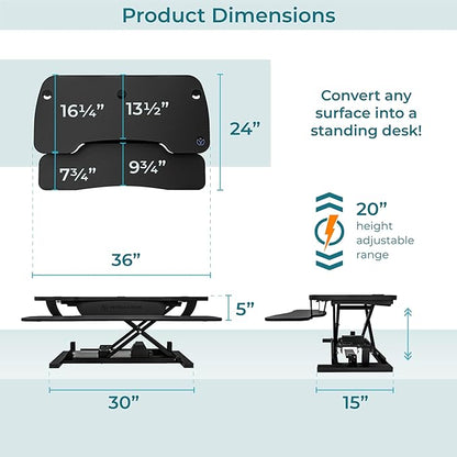 VERSADESK PowerPro™ 36 Inch Electric Standing Desk Converter, Height Adjustable Sit to Stand Up Desk Riser, Laptop and Dual Monitor Desktop Workstation with Wide Keyboard Tray and USB Port, Black