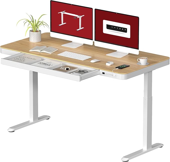Standing Desk with Drawer, Electric Height Adjustable Home Office Desk with Storage & USB Ports, 55 inch Maple Wood Tabletop/White Frame