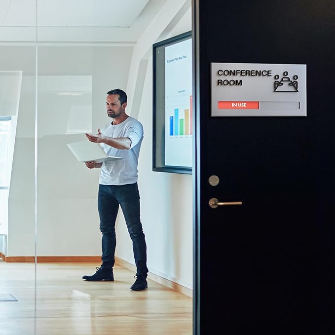 Conference Room Door Signs for Office, Meeting In Progress Door Sign, In Use Available Slider Indicator Tells Whether Room Vacant Or Occupied