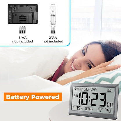 Wall Clock Atomic with Indoor Outdoor Temperature Battery Powered, Easy Reading with 10.5 Inch Large LCD Display, 330FT Range Table Wall Clock With DST, 12/24 Hour for Living Room Kitchen (Silver)