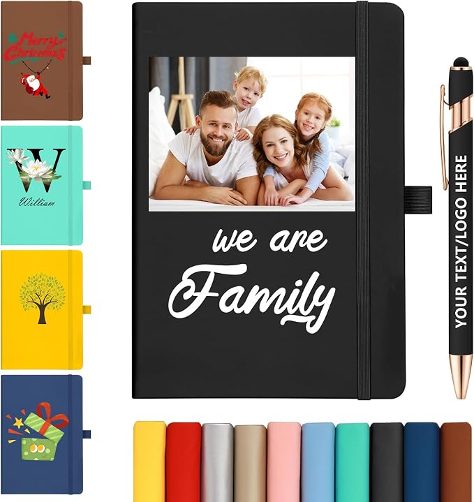 ENOMY Personalized Notebook & 10 PC Pens Gift Set Custom Notebook Journal A5 200 Pages A5 Lined Journal for Men Women Hardcover Notebooks for Work College Graduation Gifts, Black