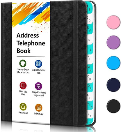 Address Book with Alphabetical Tabs, Portable Address Telephone Book, Hardcover Address Organizer and Password Keeper - Record Contacts, Anniversaries, Birthdays 6.1x4.7" – Black