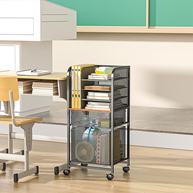 Feyejade 6-Tier Rolling File Cart with 2 Drawers, File Cabinet Organizer for Hanging File Folders, Letter-Size File Storage with Wheels, Multi-Layer Mobile Filing Cabinet for Office and Home