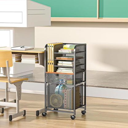 Feyejade 6-Tier Rolling File Cart with 2 Drawers, File Cabinet Organizer for Hanging File Folders, Letter-Size File Storage with Wheels, Multi-Layer Mobile Filing Cabinet for Office and Home