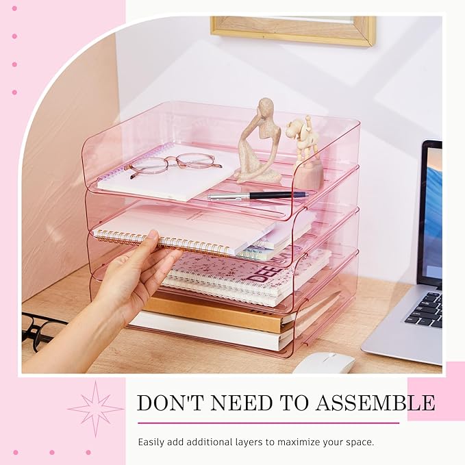 Harloon 4 Tier Acrylic Paper Tray 13 x 9.8 x 3 Inches Stackable Letter Clear Organizer No Need to Assemble Acrylic Paper Organizer File Tray for Office Workspace Desktop Storage (Transparent Pink)