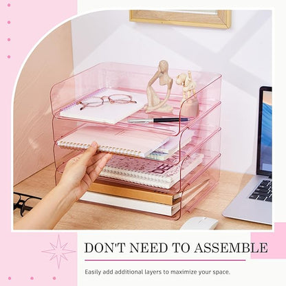 Harloon 4 Tier Acrylic Paper Tray 13 x 9.8 x 3 Inches Stackable Letter Clear Organizer No Need to Assemble Acrylic Paper Organizer File Tray for Office Workspace Desktop Storage (Transparent Pink)