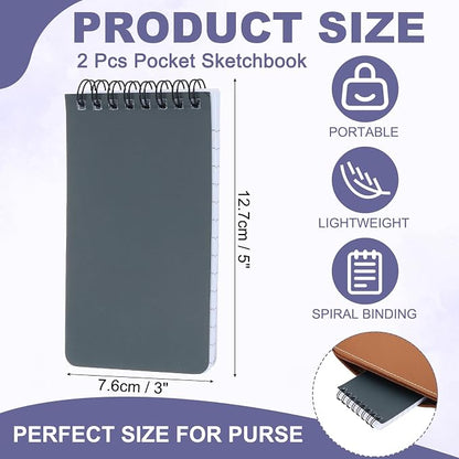 PATIKIL 3x5" Pocket Sketchbook, 2 Pcs Top Spiral Notebook Mini Lined Notebook Memo Pads 80GSM 60 Sheets/120 Pages Hard Cover Portable for Office Outdoor Travel Journal Draw, Dark Gray
