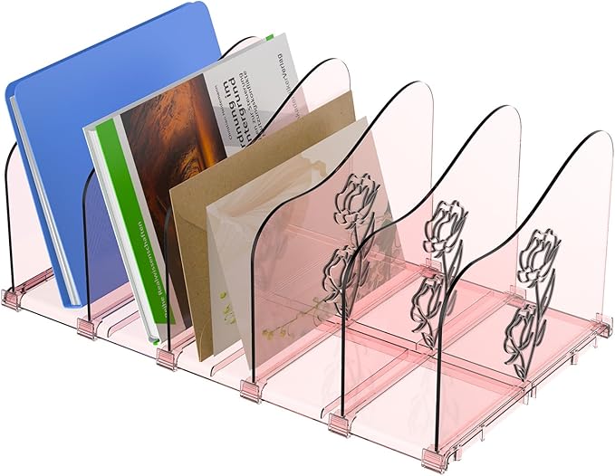 COWVTUJ Adjustable Rose File Organizer for Desk, Vertical File Folder Holders for Magazines, Upright Desktop Binder Organizer, Clear Paper Bookshelf Divider File Sorter for School Office Supplies