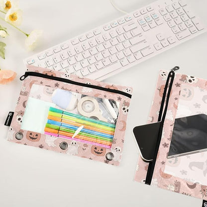 Emelivor Halloween Pumpkin Head Pencil Pouch for 3 Ring Binder 2 Pack Binder Pencil Case with Clear Window Pencils Bags with Zipper for Office Daily College Home Supplies