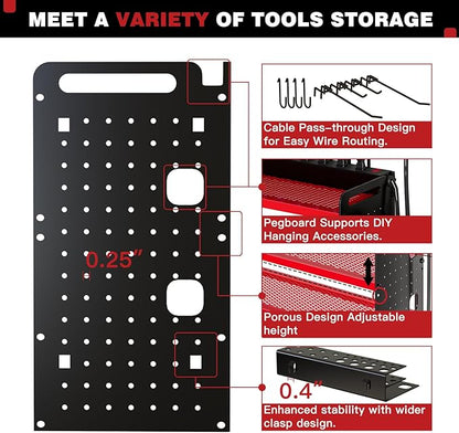 NattyDot Power Tool Organizer Wall Mount with Charging Station,Cordless Tool Organizer 8 Drill Holder, 4 Layer Storage Rack for Garage Organization,Tool Holder with 8 Outlet Power Strip (Red)